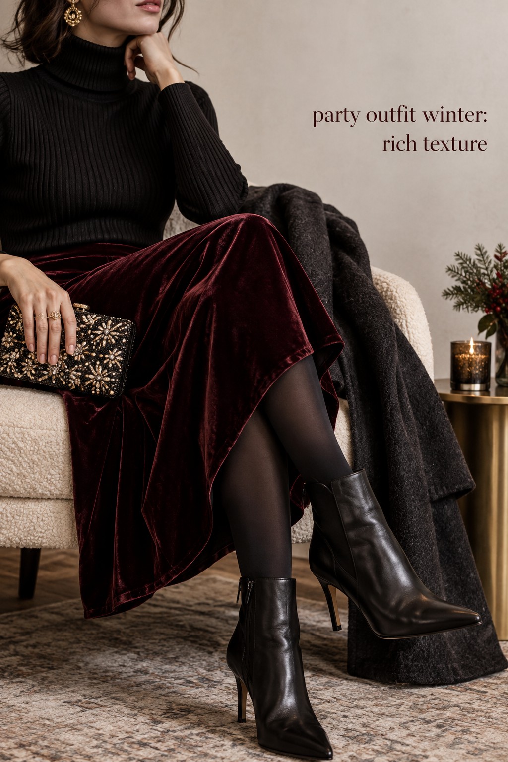 party outfit winter close-up with velvet skirt turtleneck tights boots and clutch