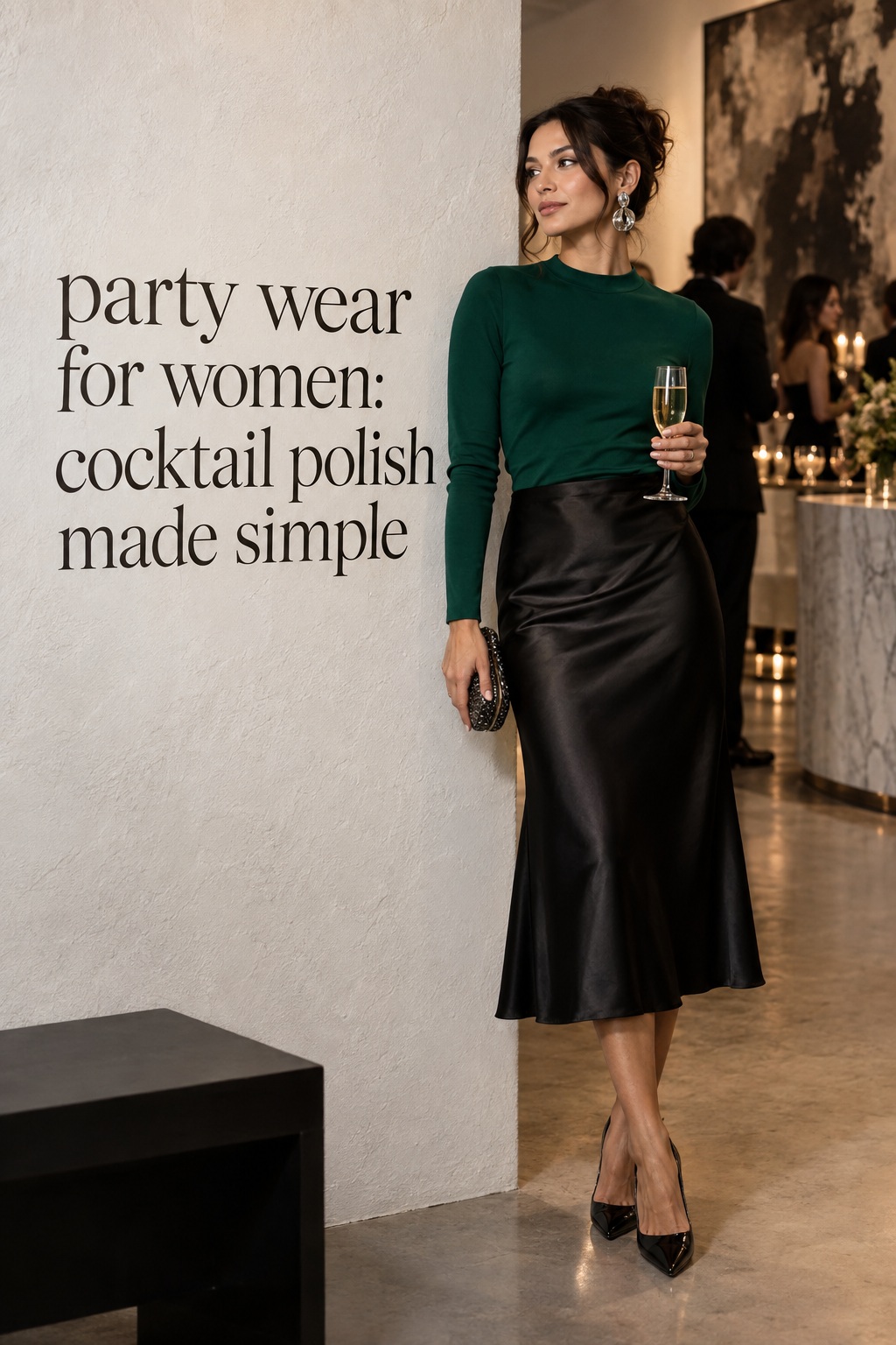 Party Wear for Women Cocktail Polish Party wear for women in a black satin skirt and emerald top