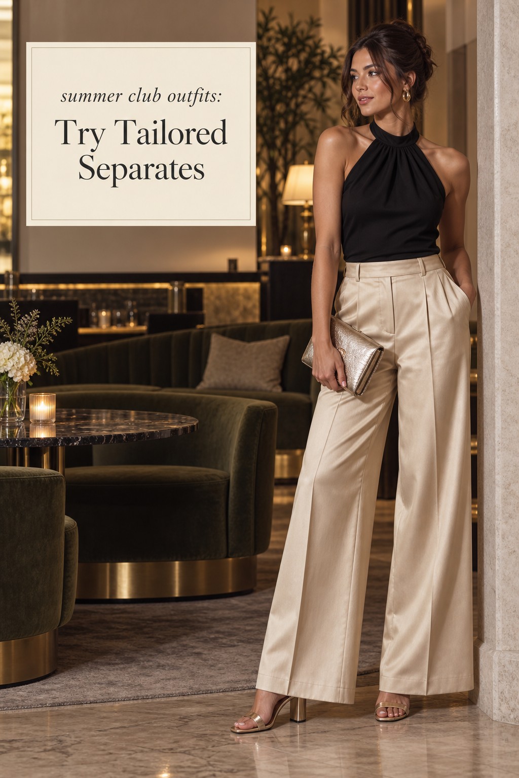 summer club outfits black halter with champagne tailored trousers