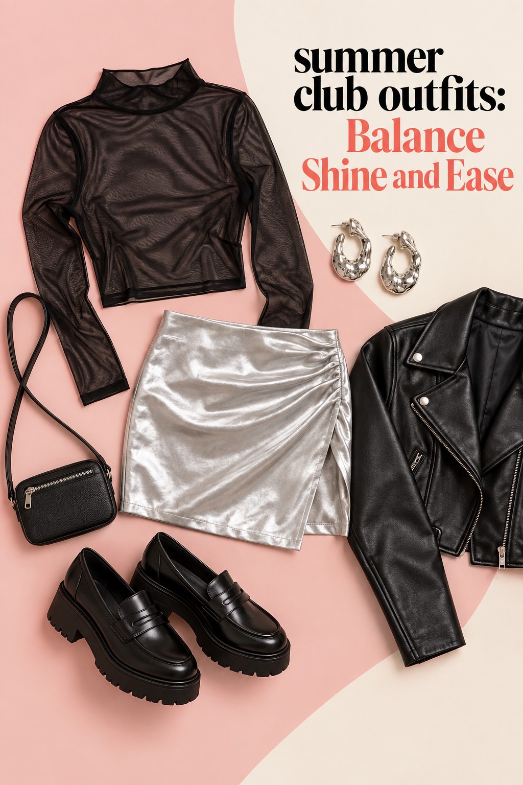 summer club outfits mesh top satin skirt leather jacket and loafers