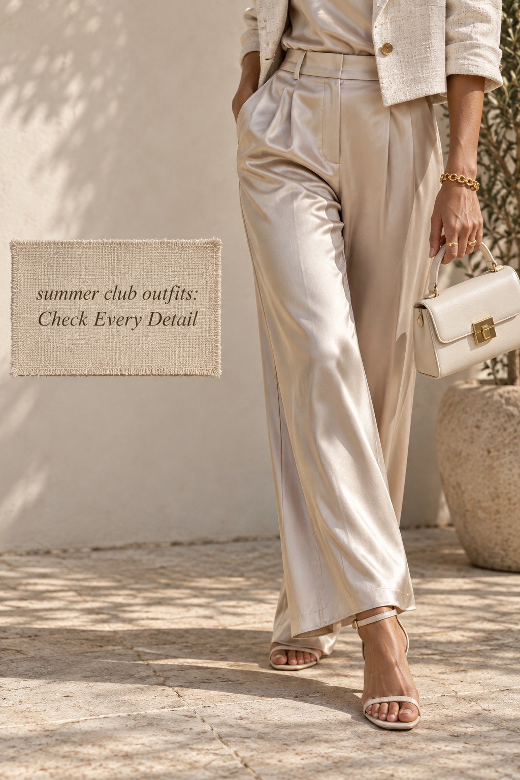 summer club outfits close-up satin tailoring sandals and bag details