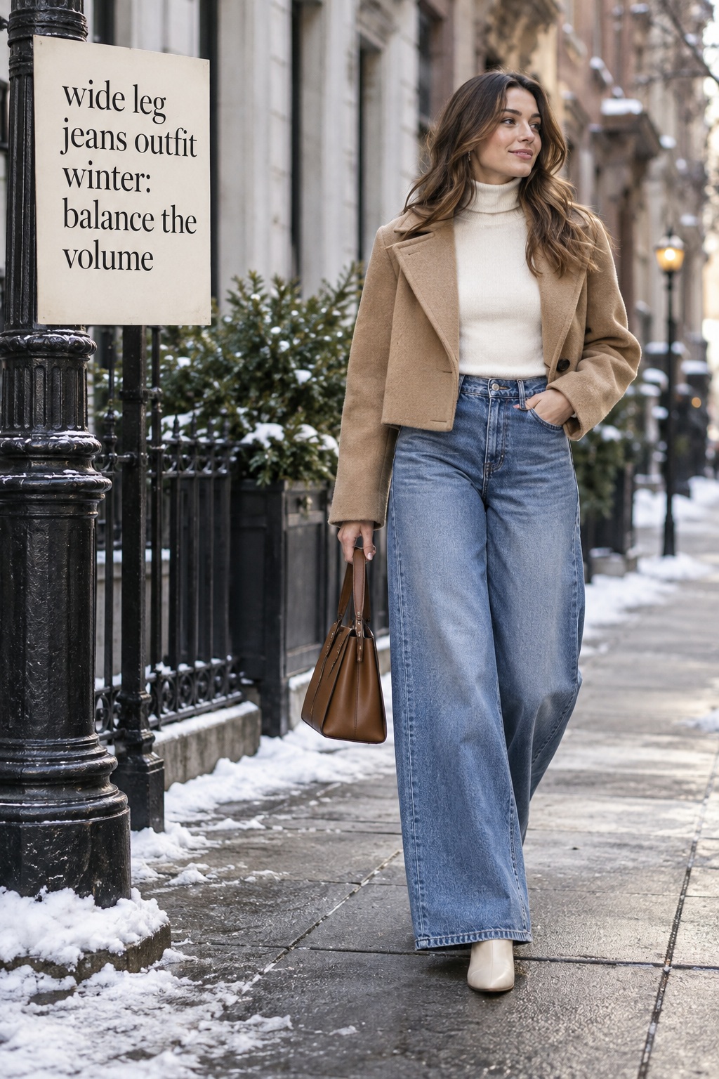 Wide leg jeans outfit winter with ivory turtleneck and camel jacket
