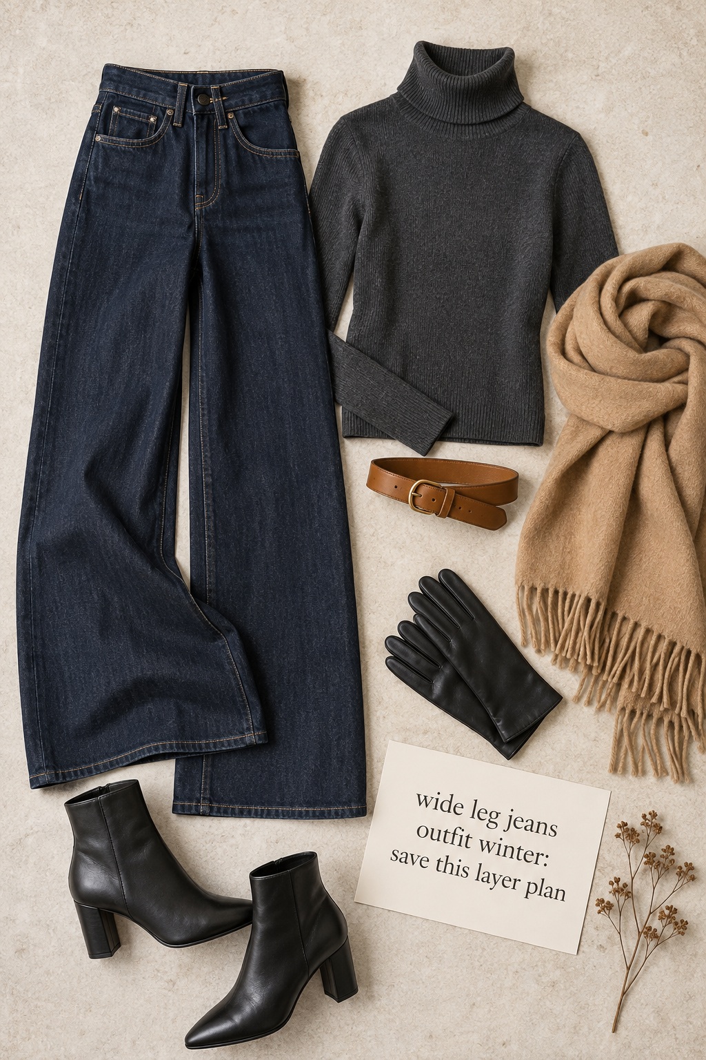 Wide leg jeans outfit winter flat lay with turtleneck and boots