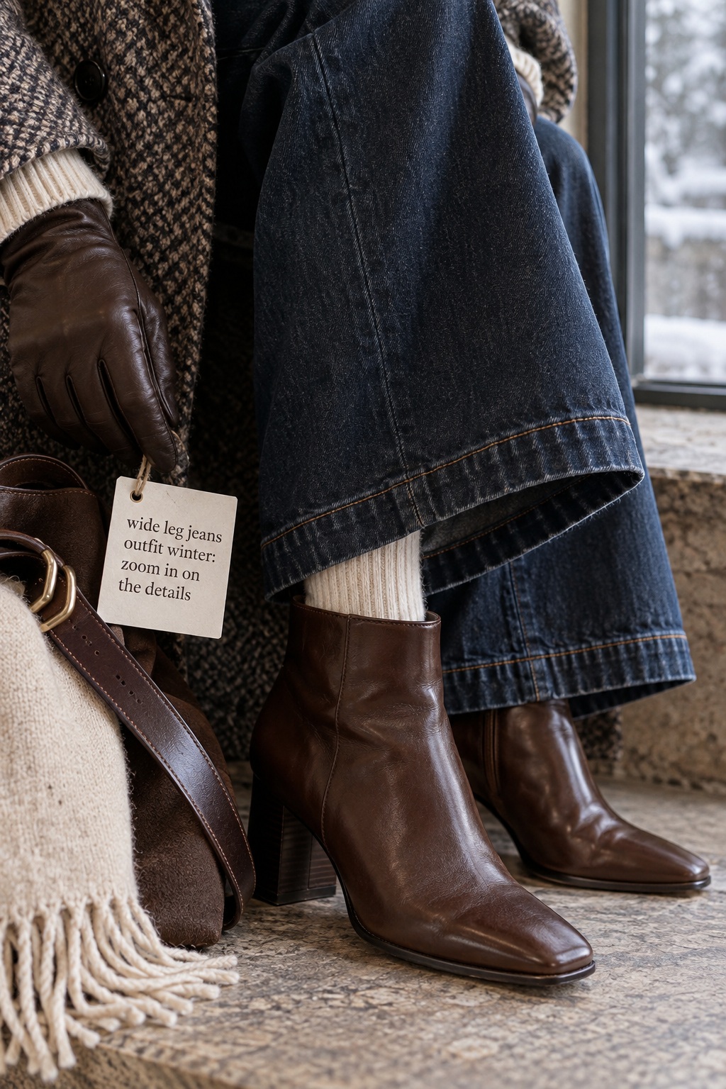 Wide leg jeans outfit winter close-up with denim hem and brown boots