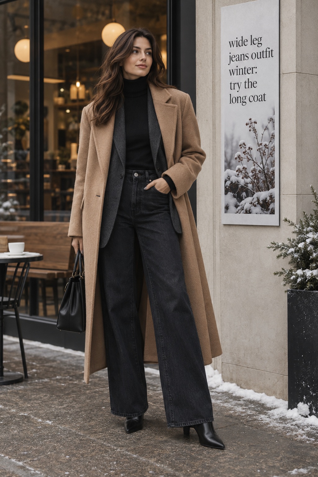 Wide leg jeans outfit winter with black turtleneck and long camel coat