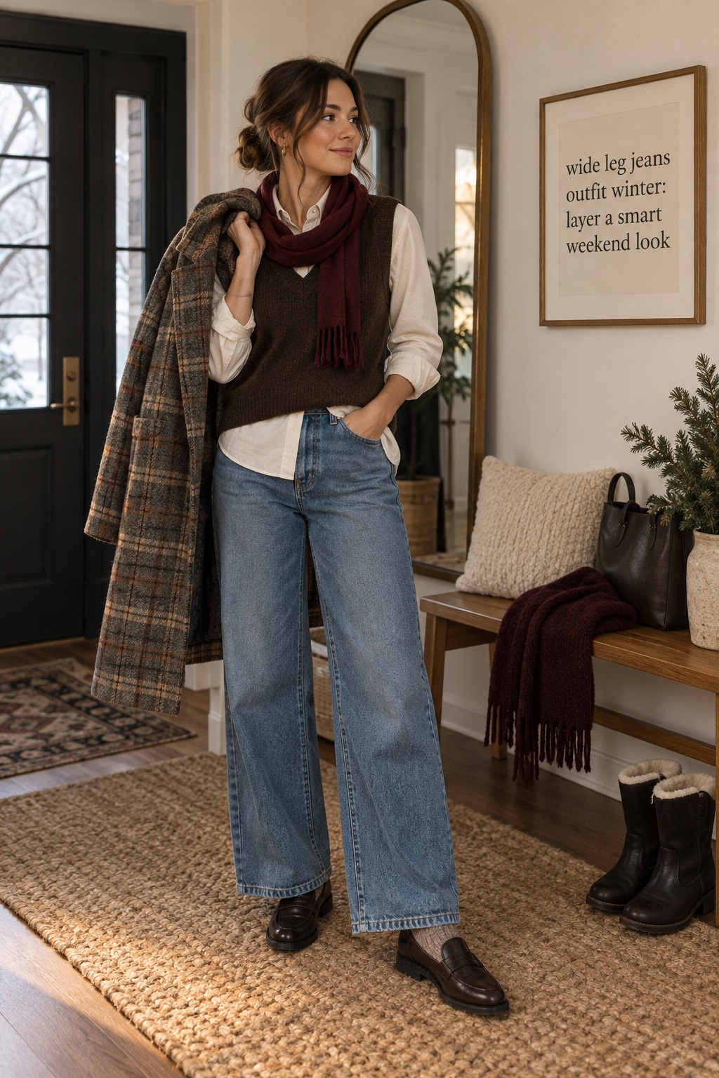 Wide leg jeans outfit winter with sweater vest plaid coat and loafers