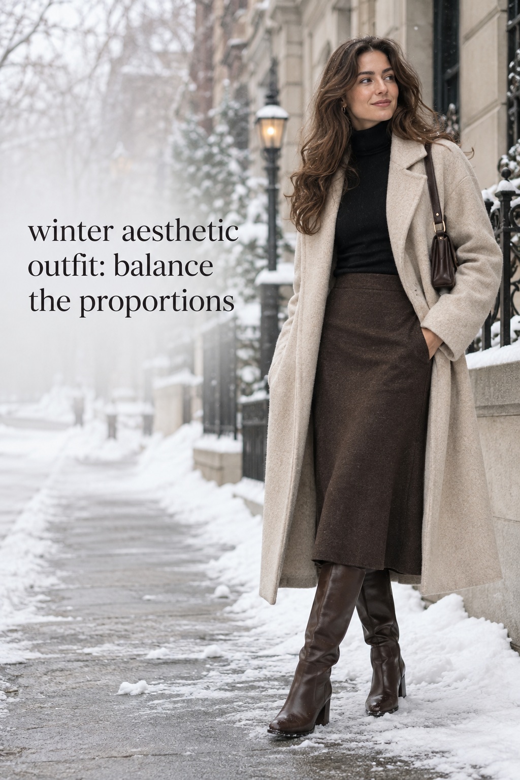 winter aesthetic outfit with midi skirt, black turtleneck, tall brown boots, and long oatmeal coat