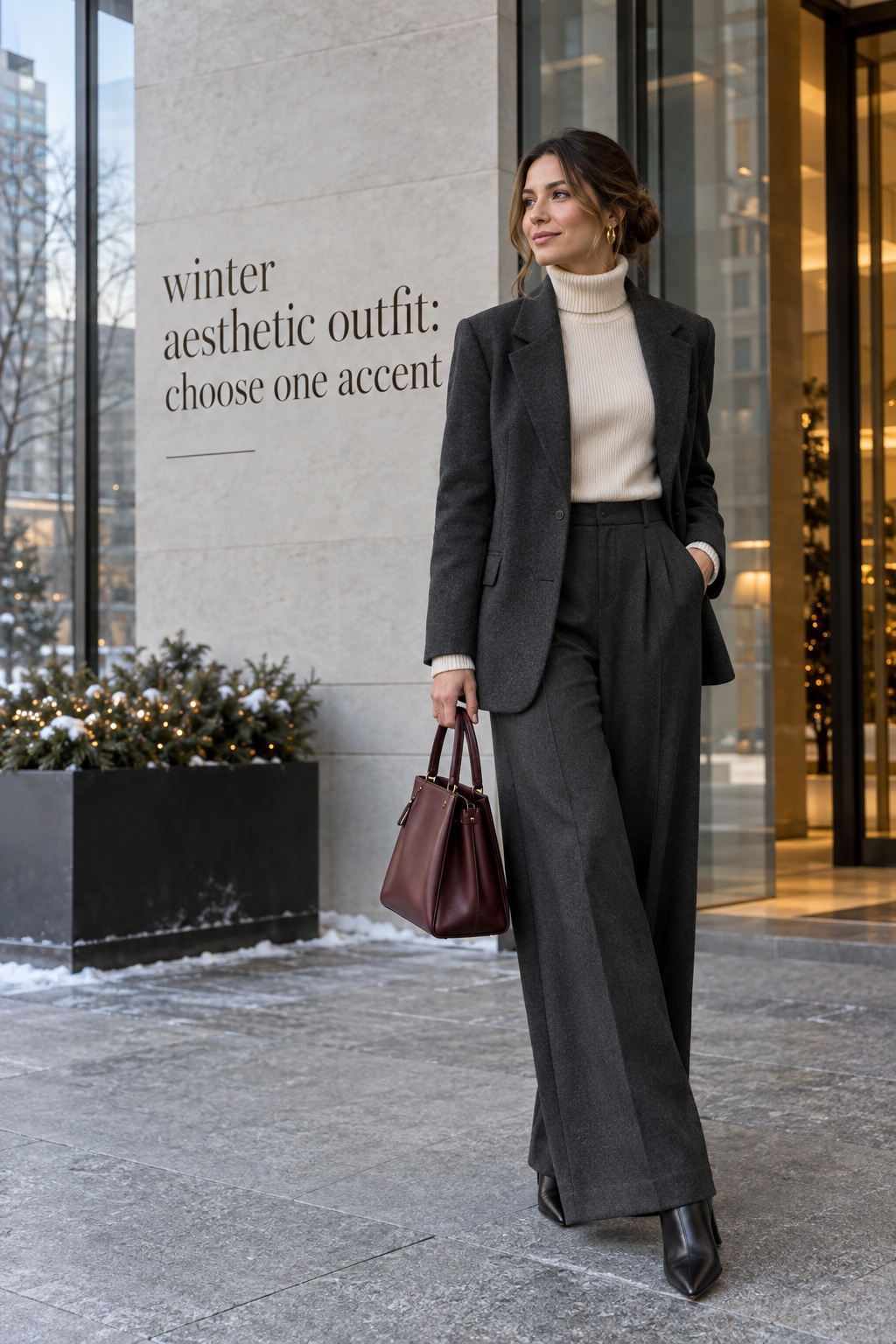 winter aesthetic outfit with charcoal blazer, ivory turtleneck, wide trousers, boots, and burgundy bag