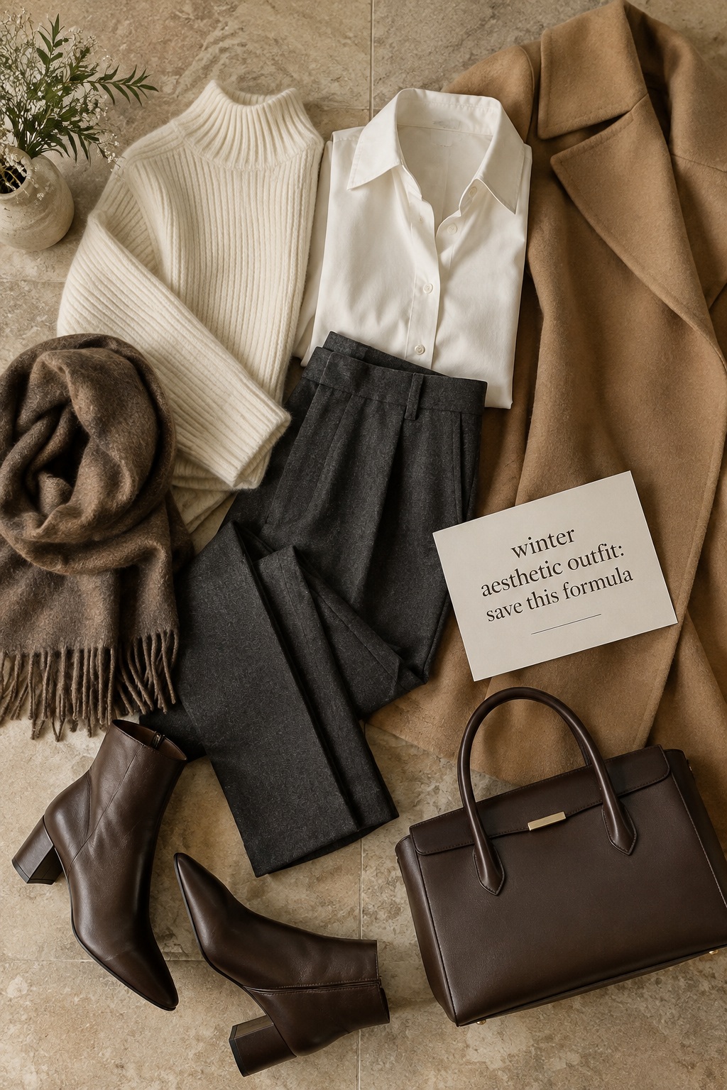 winter aesthetic outfit Pinterest flat lay with knit, shirt, trousers, coat, boots, and bag
