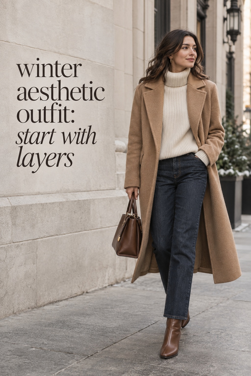 winter aesthetic outfit with camel coat, cream knit, dark denim, and brown boots