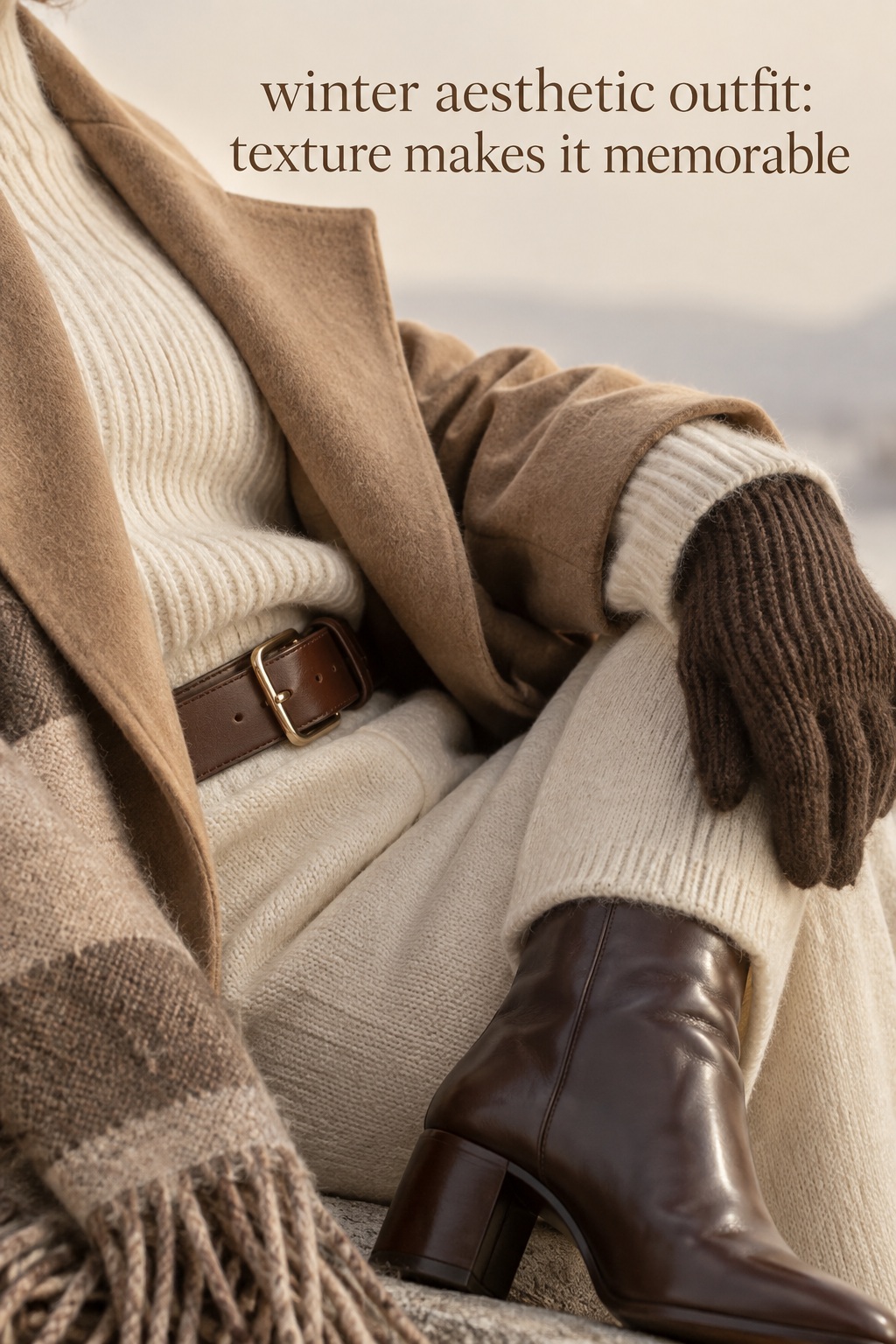 winter aesthetic outfit close-up with ribbed knit, camel wool, leather belt, scarf, glove, and boot
