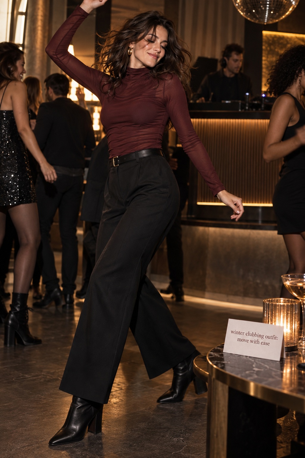 Winter clubbing outfit with burgundy top, trousers, and boots for dancing