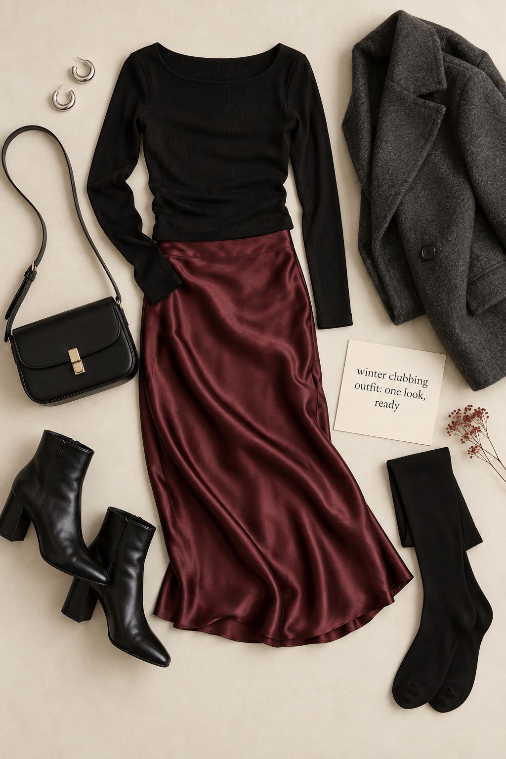 Winter clubbing outfit flat lay with skirt, boots, coat, tights, and bag