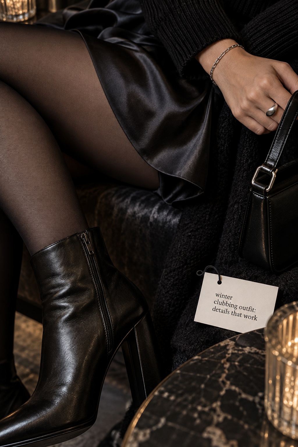 Winter clubbing outfit details with boot, tights, satin hem, and bag strap