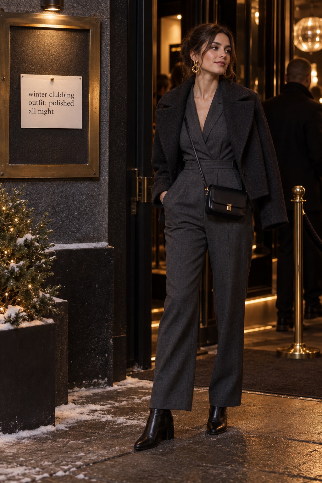 Winter clubbing outfit in a charcoal jumpsuit, coat, and low block-heel boots