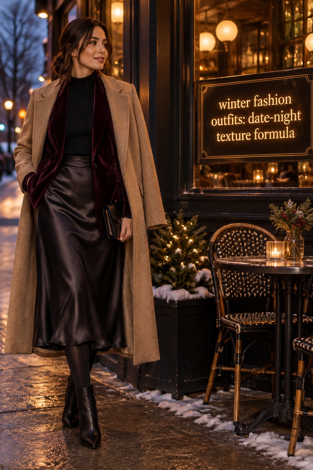 winter fashion outfits date night look with black knit satin skirt velvet blazer and coat