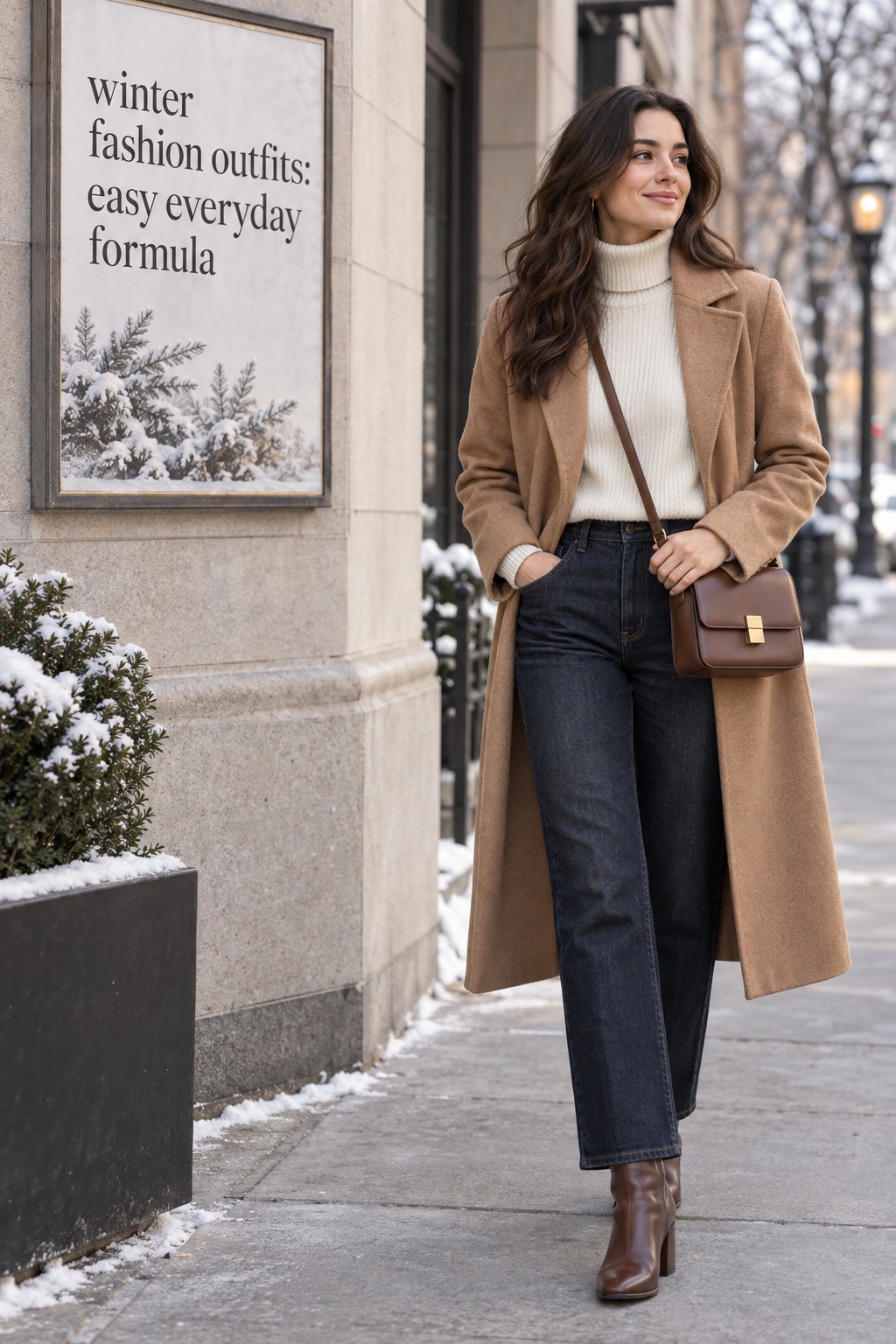 winter fashion outfits everyday look with cream turtleneck camel coat and dark jeans