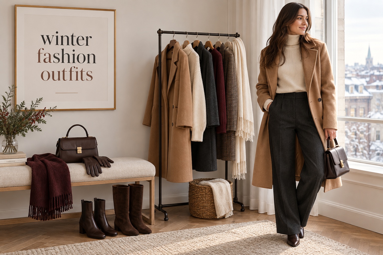 winter fashion outfits wardrobe with camel coat cream knit and winter accessories