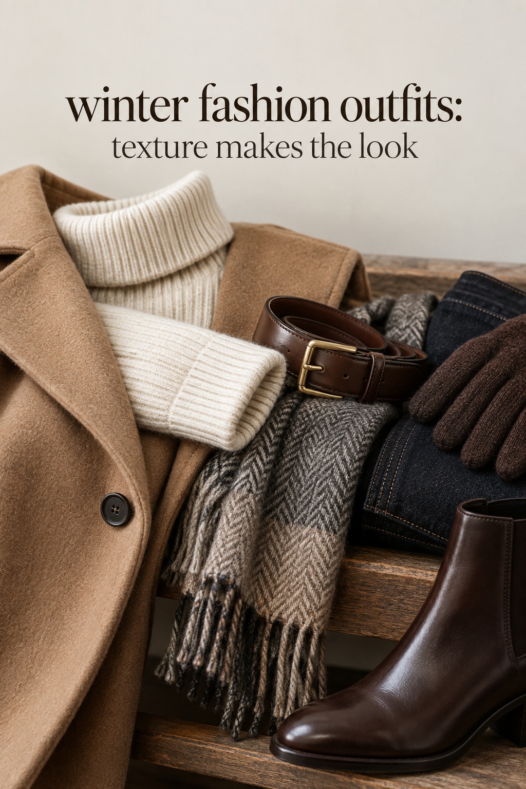winter fashion outfits close-up of knit wool scarf belt denim gloves and boot
