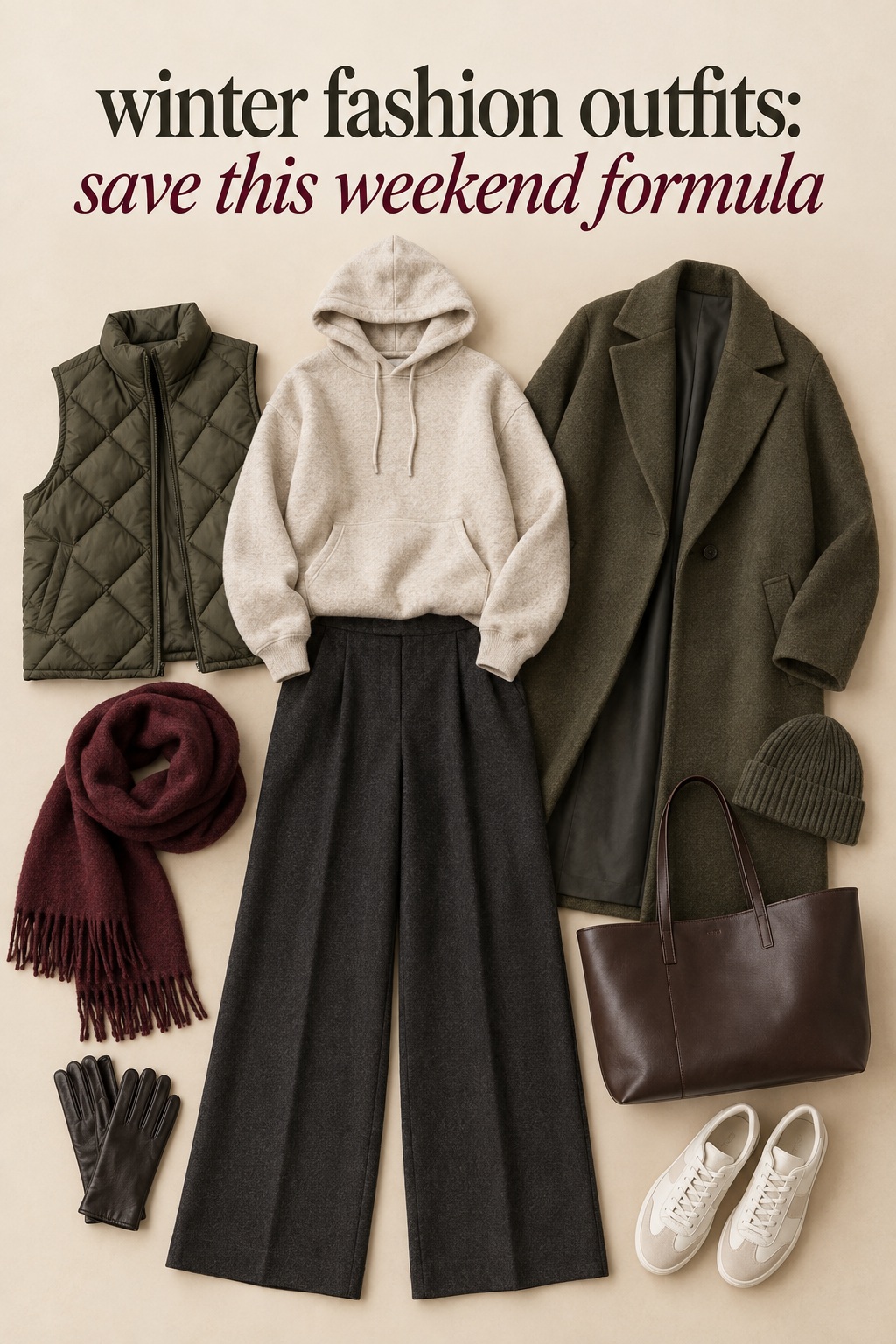 winter fashion outfits weekend flat lay with hoodie quilted vest coat scarf and sneakers