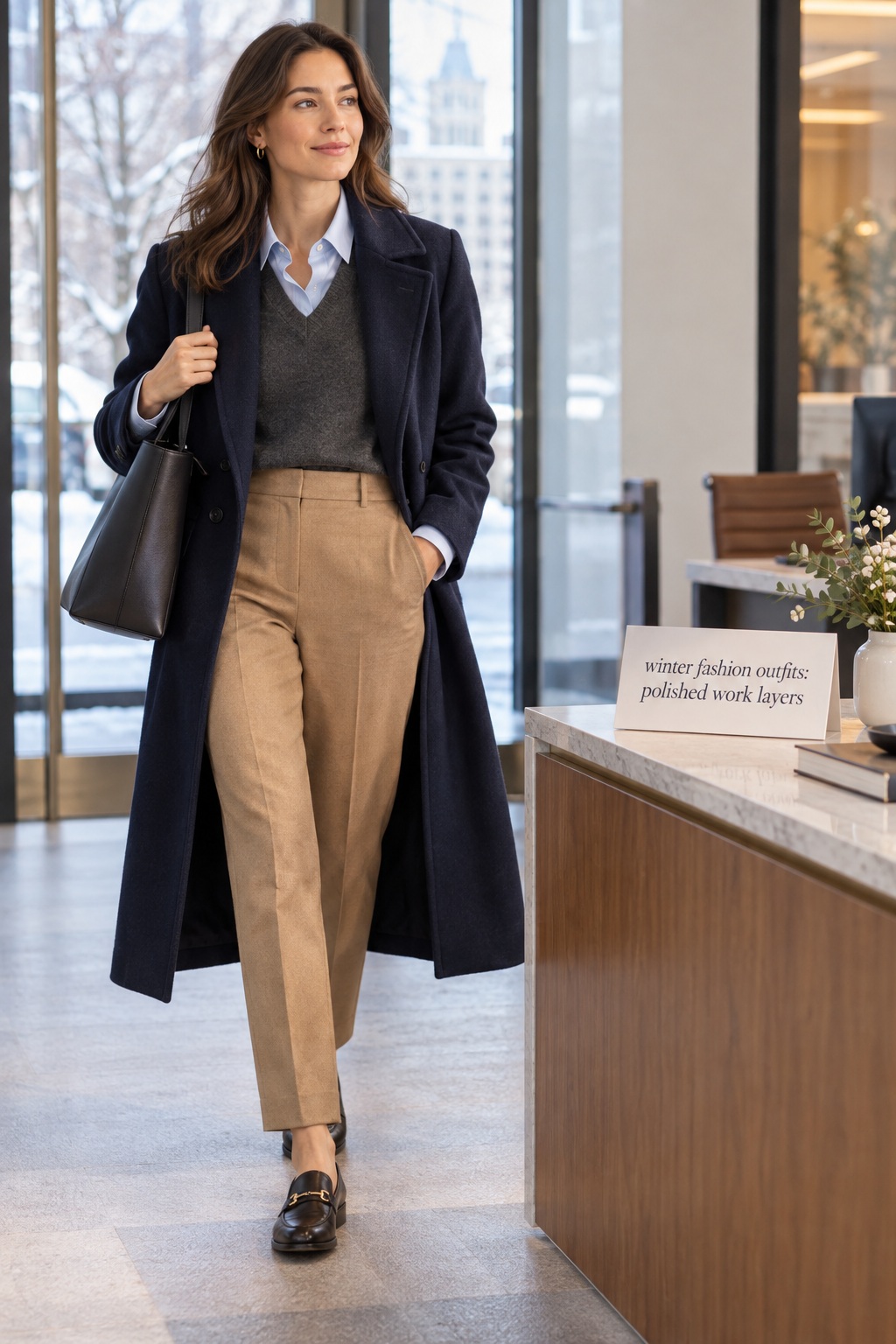 winter fashion outfits work look with navy coat sweater camel trousers and loafers