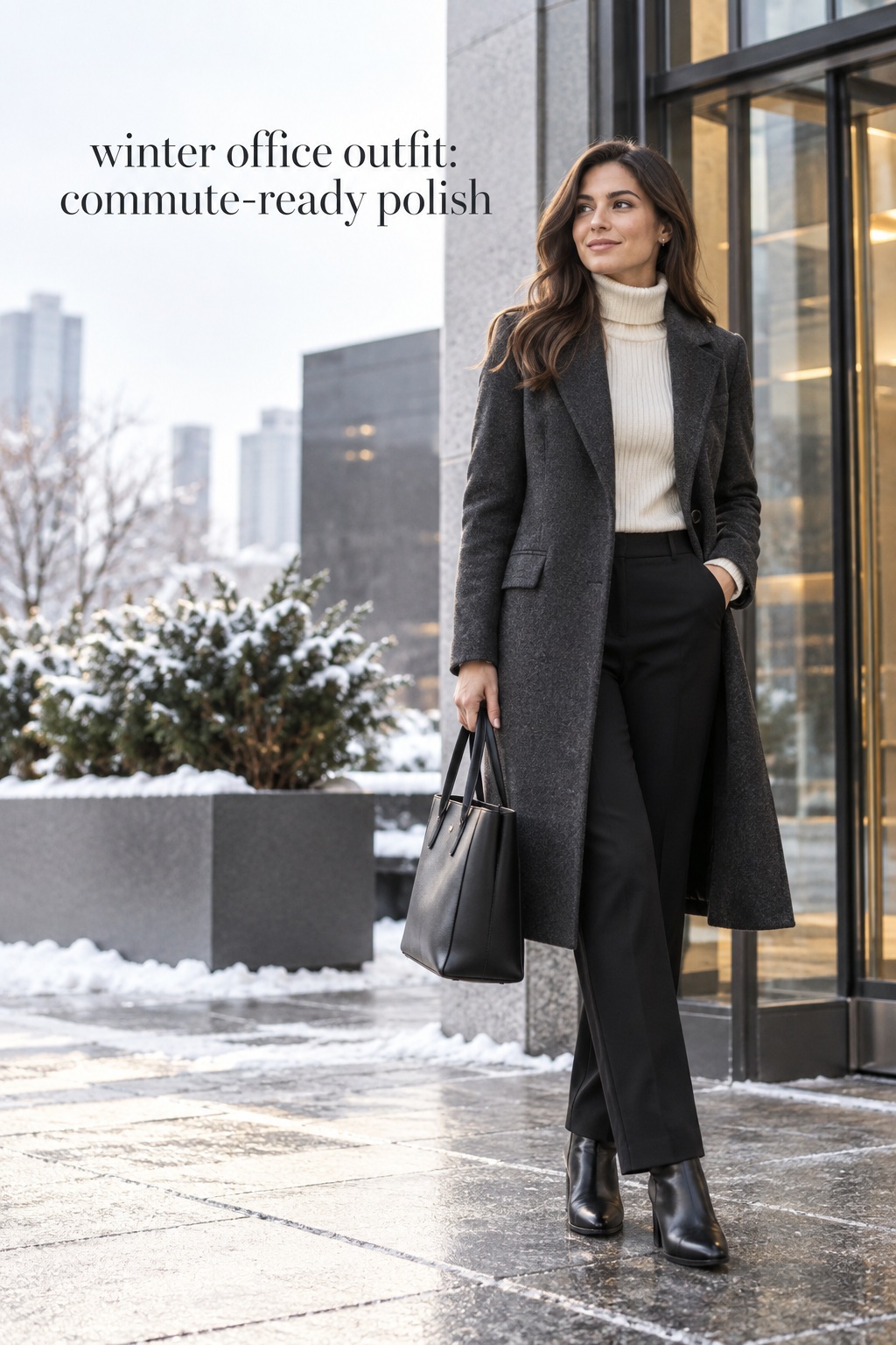 winter office outfit with charcoal coat and cream turtleneck