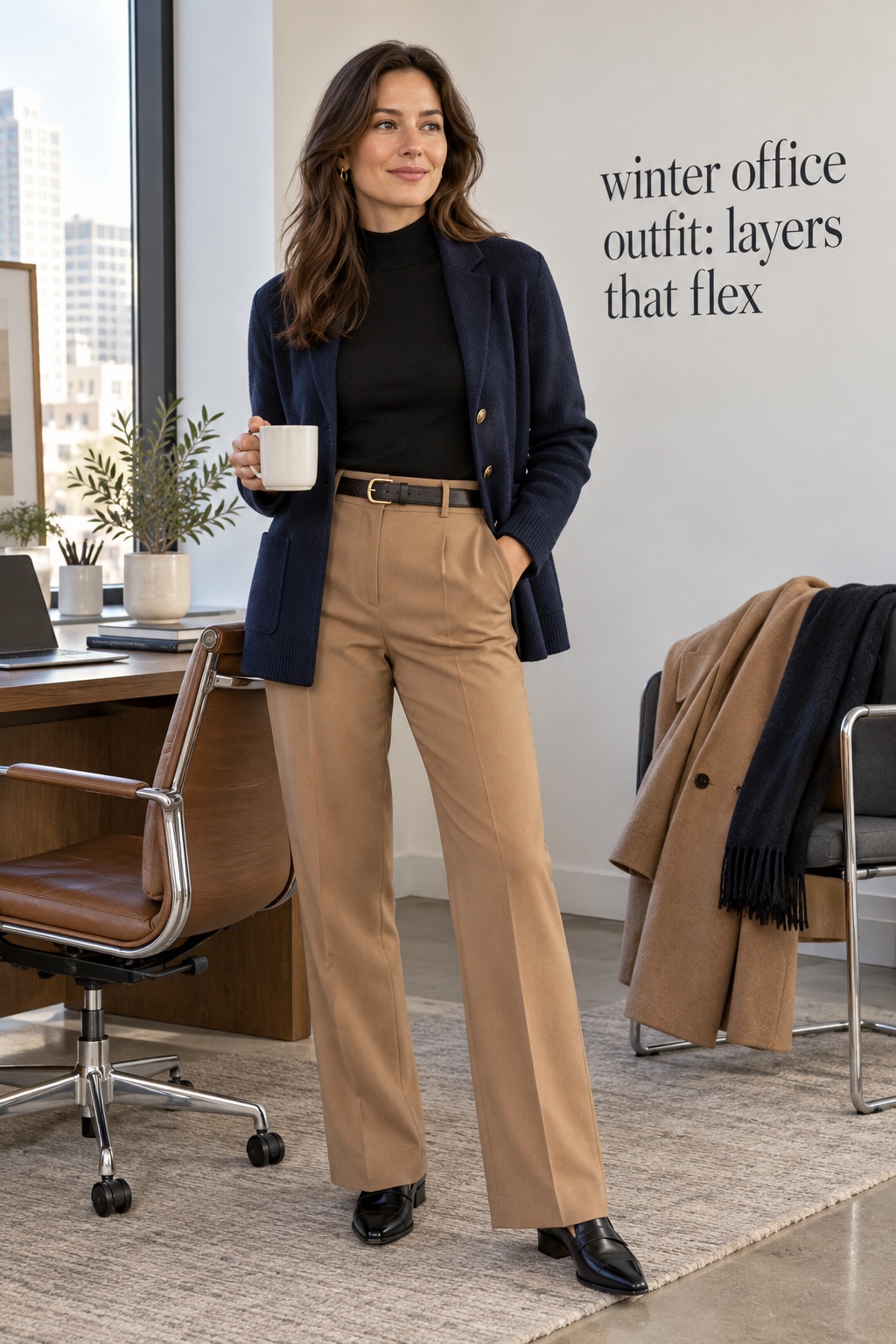 winter office outfit with navy cardigan blazer and camel trousers