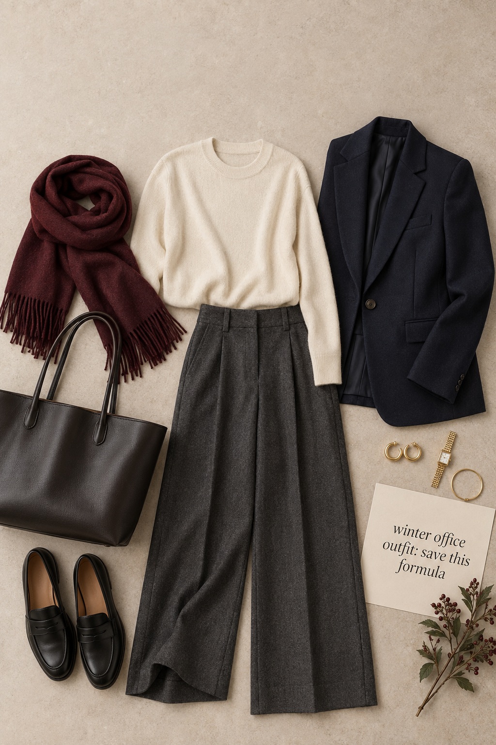 winter office outfit flat lay with cream knit and tailored trousers