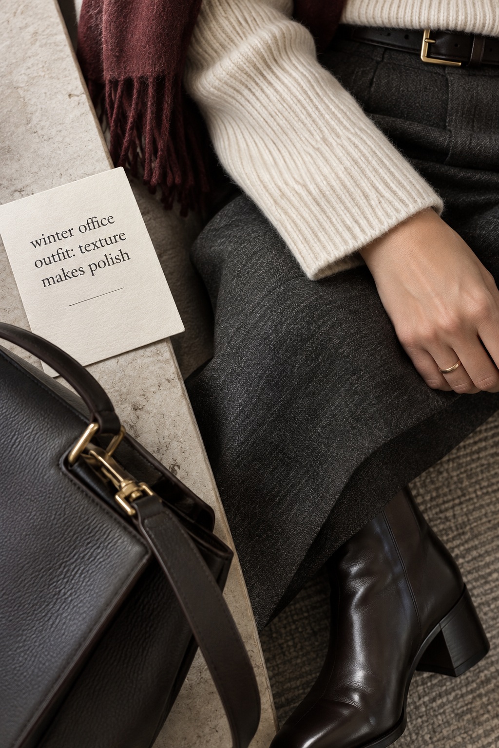winter office outfit close-up of knit wool leather and boot details