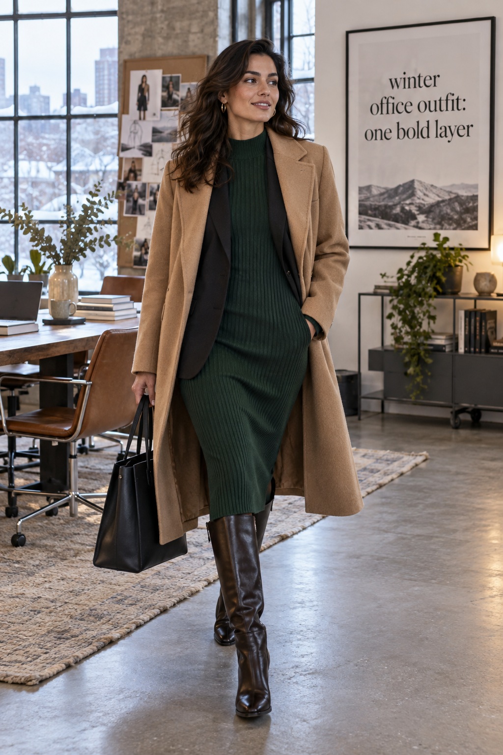 winter office outfit with green knit dress camel coat and boots