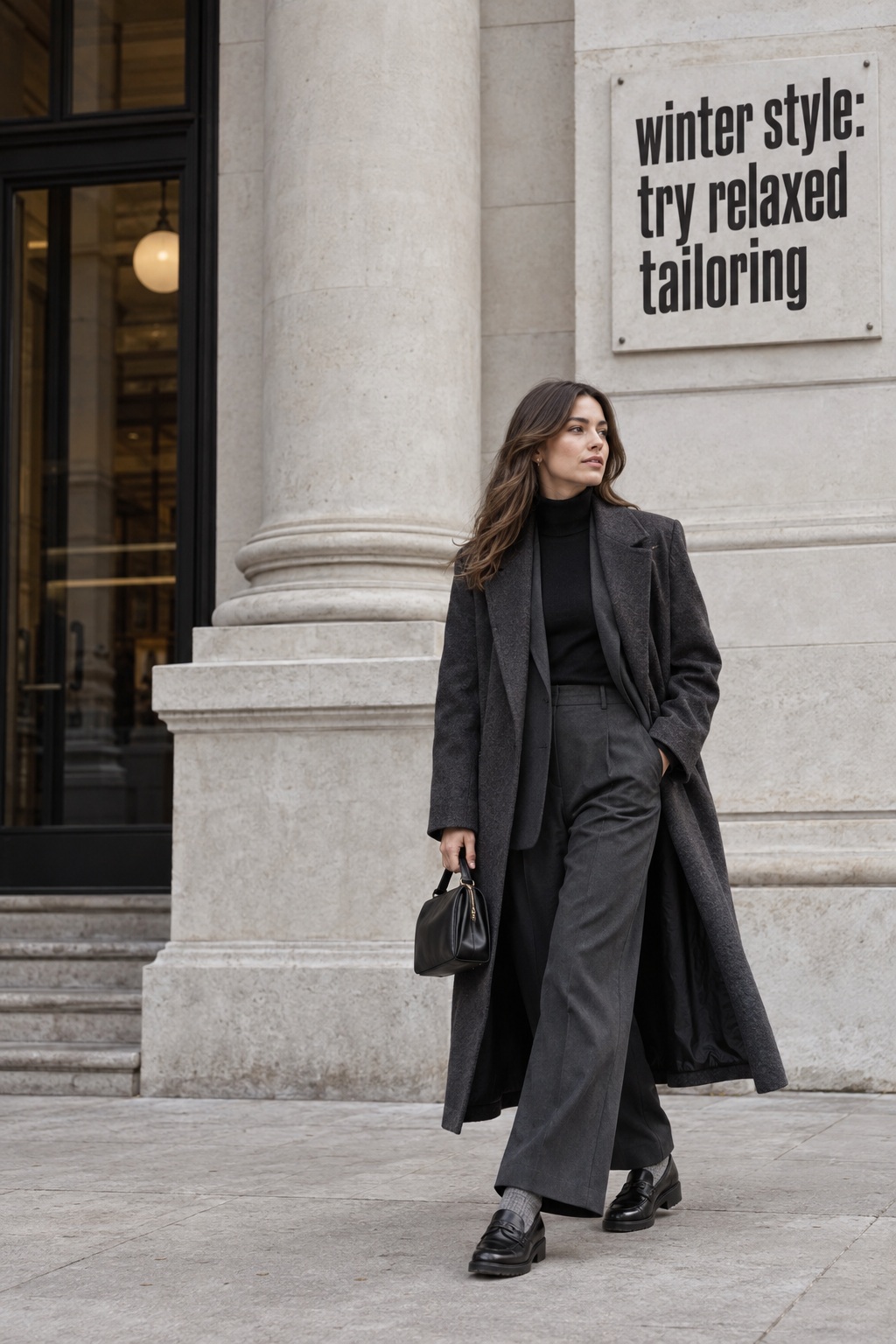 winter style with a charcoal blazer, turtleneck, wide trousers, and loafers