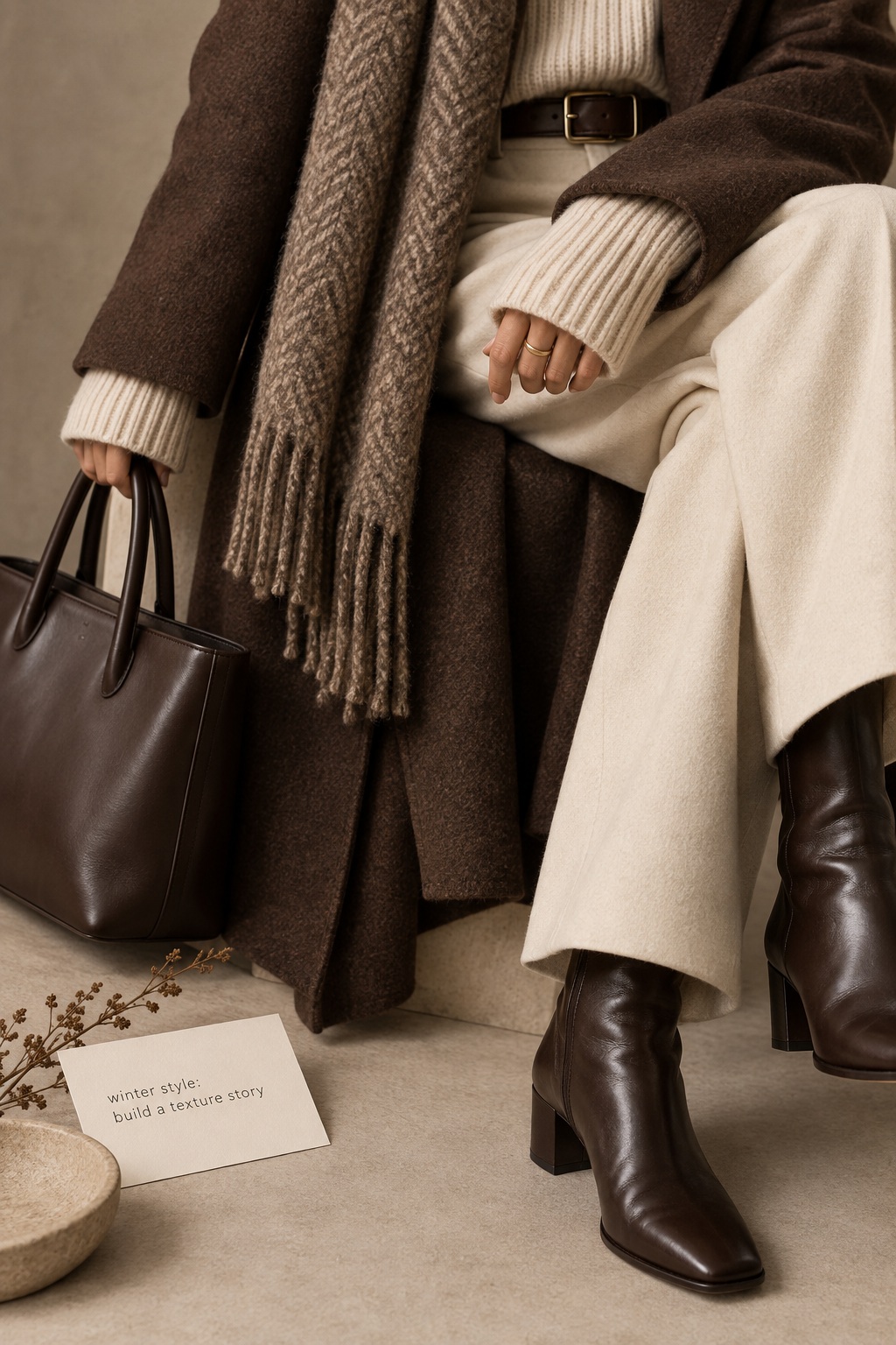 winter style close-up of ribbed knit, wool coat, scarf, belt, bag, and boots