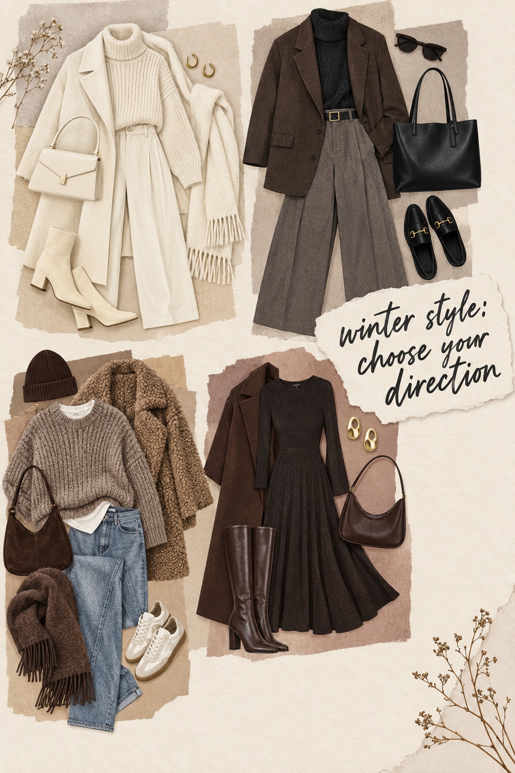 winter style Pinterest flat-lay showing tonal layers, tailoring, denim, knitwear, and dress
