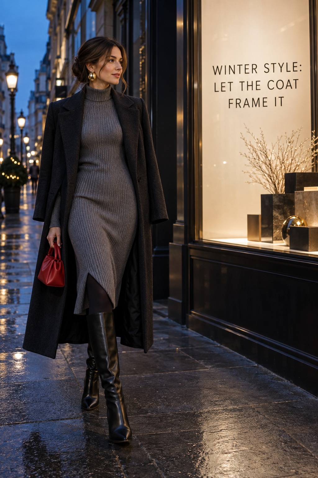 winter style with a gray knit dress, long coat, tall boots, and red bag
