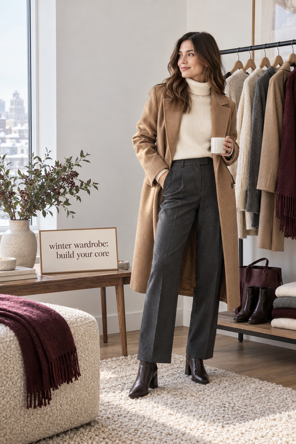 Winter wardrobe with camel coat, cream turtleneck, and tailored charcoal trousers