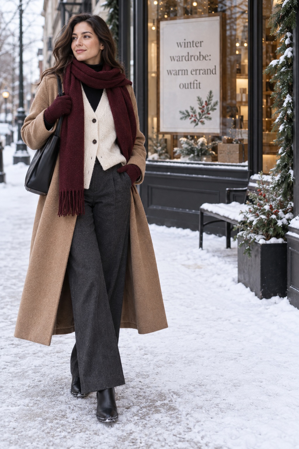 Winter wardrobe errand outfit with camel coat, cream cardigan, charcoal trousers, scarf, and boots