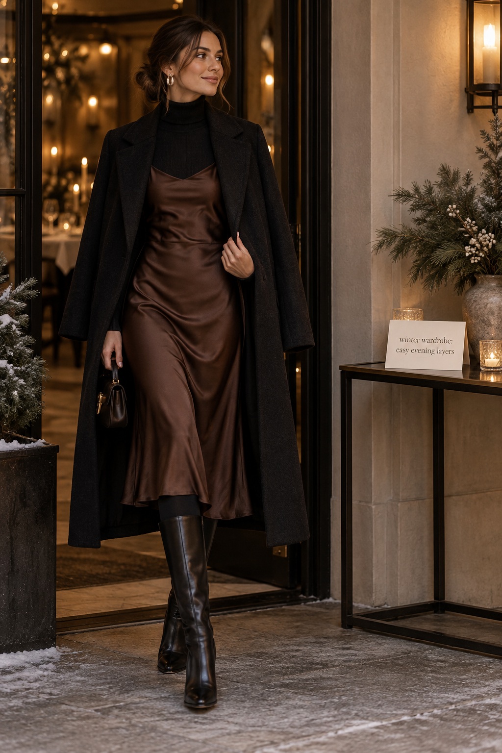 Winter wardrobe evening outfit with turtleneck, satin dress, tall boots, and long coat