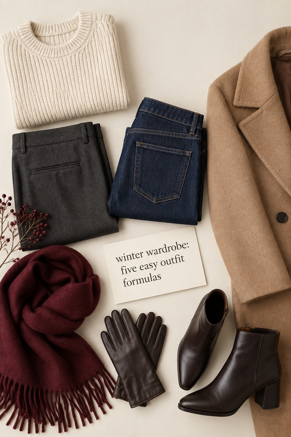 Winter wardrobe flat lay with knitwear, trousers, denim, coat, scarf, gloves, and boots