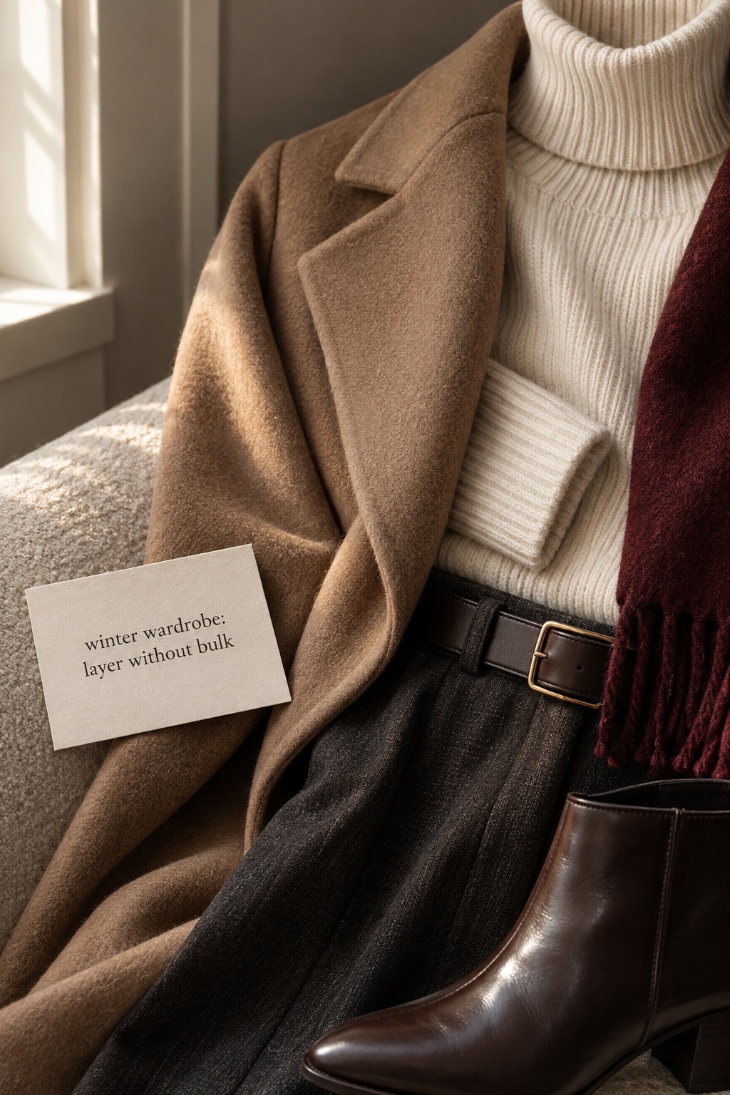 Close-up winter wardrobe layers with ribbed turtleneck, camel wool, trousers, scarf, and leather boot