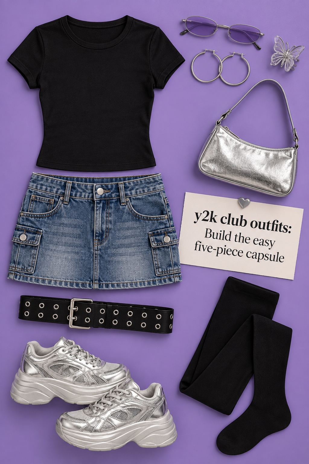 y2k club outfits flat lay with a baby tee denim mini platforms and accessories